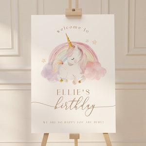 Cartel de Bienvenida de Unicornio Cumpleaños Niña Plantilla Letrero Imprimible de Cumpleaños de Arcoíris Deocoración Cumpleaños Editable