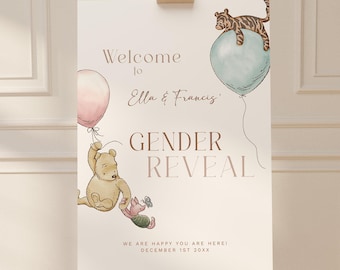 Editable Welcome Sign Vintage Winnie the Pooh Gender Reveal Classic Pooh Bear Printable Welcome Poster Modern Minimalistic Custom Party Sign