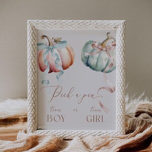 Editable Pick a Pink Sign Pumpkin Gender Reveal Printable Cream Pink or Blue Reveal Custom Table Sign Boho Modern Boy or Girl Fall Decor