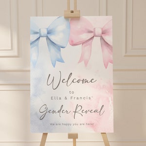 Editable Classic Gender Reveal Welcome Sign Printable Coquette Pink and Blue Mist Decor with Bows Welcome Board Boy or Girl Coquette Bow