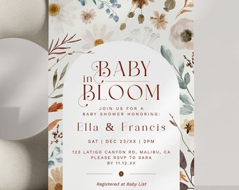 Może przedstawiać: Zaproszenie na baby shower z kwiatowym wzorem akwarelowym. Zaproszenie zawiera tekst "Baby in Bloom" w ozdobnej czcionce, wraz ze szczegółami baby shower Elli i Francisa. Zaproszenie otoczone jest akwarelowymi kwiatami.