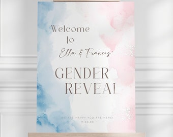 Editable Boy or Girl Gender Welcome Sign Gender Reveal Baby Welcome Poster Printable Board Blue and Pink Modern Welcome Poster