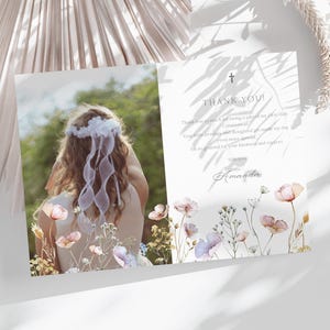 Editable Photo Thank You Card Wildflowers First Holy Communion Photo Card Printable Pink Floral Cross Christening Card Religious Ceremony