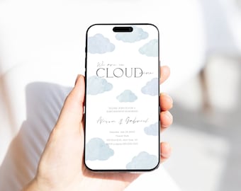 May include: A smartphone displaying a baby shower invitation with a blue watercolor cloud design. The invitation reads "We are on cloud nine" and includes the names "Alison & Gabriel" and the date "Sunday, July 23, 20XX".