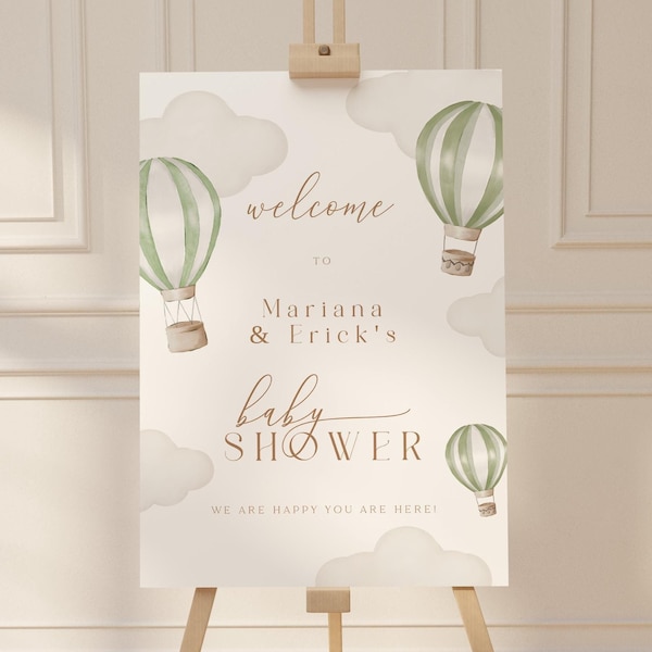 Editable Welcome Sign Hot Air Balloon Baby Shower Printable Sage Green Decoration Welcome Board Neutral Boho Modern Adventure Awaits Theme
