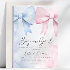 Editable Classic Gender Reveal Invitation Printable Coquette Bow Gender Reveal Invitation Boy or Girl Pink and Blue Mist with Bows Invite