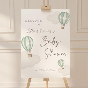 Editable Gender Reveal Welcome Sign Mint Hot Air Balloons Printable Sign Decor Welcome to Our Gender Reveal Clouds and Balloons Modern Sign