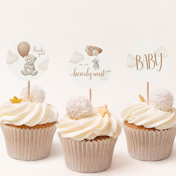 Plantilla Editable Círculos y Recortes para Decoración de Cupcakes Baby Shower de Osito de Peluche con Globos Decoración Oso Tema Neutral