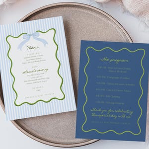 Blue Stripes Menu Card and Baby Shower Program Wavy Frame Dopamine Theme Gender Neutral Template