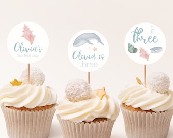 Editable Under the Sea Cupcake Toppers Birthday Printable Template Round Cupcake Decor Ocean Theme Birthday Shells and Seahorse Decorations