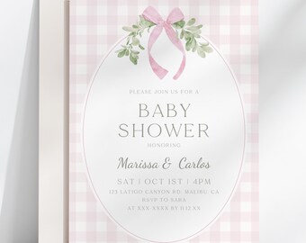Greenery Coquette Bow Baby Shower Invitation Printable Pink Gingham Floral Garden Theme Traditional Invite Template (Digital Download)