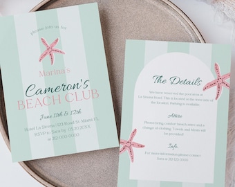 Editable Beach Club Birthday Invitation Printable Summer Cabana Teen Birthday Bash Invite Malibu Beach Coastal Theme with back Details Info