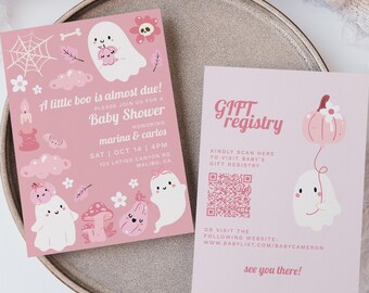 Editable Friendly Ghost Daisies Baby Shower Invitation Printable A Little Boo is Almost Due Dusty Pink Halloween Baby Girl Fall Invite
