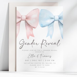 Editable Gender Reveal Invitation Coquette Pink and Blue Bow Printable Invitation Gender Reveal Coquette Bow Boy or Girl Invite He or She