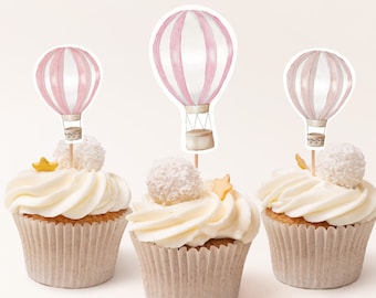 Pink Hot Air Balloon Cupcake Toppers: Gender Reveal, Birthday (Printable Template)