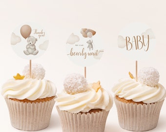Bear Baby Shower Cupcake Toppers, Gender Neutral Decor (Editable Template)