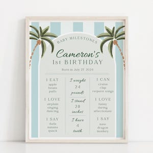 Editable Baby Milestones Table Sign Coastal Cabana Beach Club First Birthday Over a Year Poster Printable Summer Palms Springs Baby Board