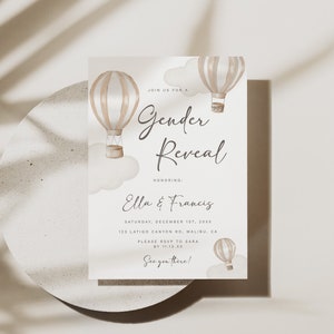 Editable Cream Hot Air Balloons Gender Reveal Invitation Printable Boho Modern Invite Template Beige Gender Neutral Hot Air Balloons