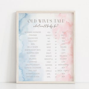 Editable Old Wives Tale Game Sign and Handouts Pink and Blue Wash Gender Reveal Printable Game Modern Template Boy or Girl Gender Neutral