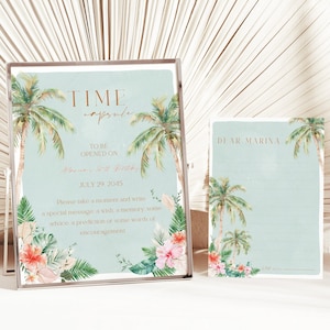 Editable Tropical Time Capsule Sign and Matching Message Card Printable Aloha Baby Shower  Hawaiian Birthday Activities Share a Memory Game