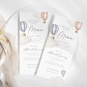 Editable Hot Air Balloon Menu Card Printable Template Bundle Oh Baby Hot Air Balloons Baby Shower Sign Menu Card Template Table Cards