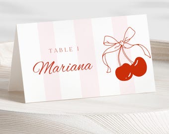Editable Cherry Placement Card Printable Pink and White Stripes Cherry Theme Tent Card Coquette Food Label Cherry with Bow Buffett Name Card
