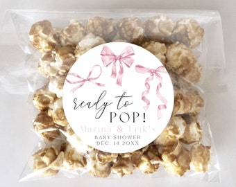 Editable Popcorn Label Printable Ready to Pop Coquette Bow Sticker Template Coquette Theme Baby Shower Round Favor Tag Pink Bows Food Label