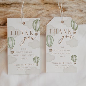 Hot Air Balloon Baby Shower Gift Tag, Green Sage (Digital Download)