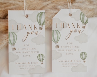 Editable Gift Tag Green Hot Air Balloon Baby Shower Printable Favor Tags Sage Green Gender Neutral Boho Modern Favor Label