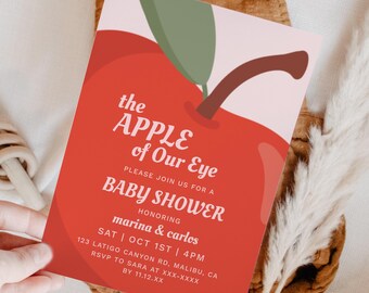 Editable Apple of our Eye Baby Shower Invitation Printable Fall Baby Shower Gender Neutral Red Pastel Pink Autumn Invite and Gift Registry