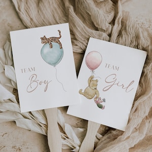 Editable Voting Fan Vintage Winnie the Pooh Gender Reveal Paper Fan Team Boy Team Girl Printable Classic Pooh Bear Guest Game Gender Vote