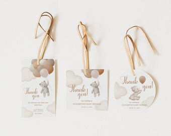 Editable We Can Bearly Wait Baby Shower Gift Thank You Tags Favor Food Label Sticker Tag Rectangular Square or Round Bear Balloons Boy Girl