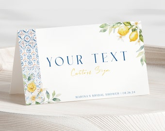 Editable Lemon Bridal Shower Placement Card Amalfi Bachelorette Buffet Tent Card Printable Citrus Mediterranean Bridal Shower Food Label