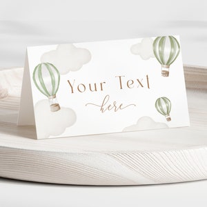 Editable Tent Card Hot Air Balloon Baby Shower Food Label Printable Placement Card Sage Green Gender Neutral Boho Modern Gender Reveal
