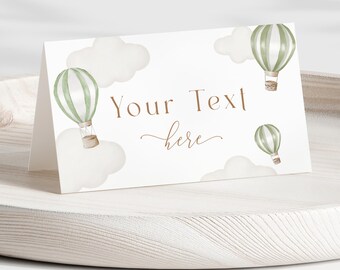 Editable Tent Card Hot Air Balloon Baby Shower Food Label Printable Placement Card Sage Green Gender Neutral Boho Modern Gender Reveal