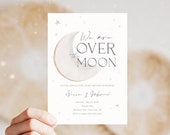 Editable Over the Moon Baby Shower Invitation Printable Half Moon and Stars Boho Baby Shower Serif Font Digital Invite Template Beige