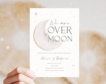 Editable Over the Moon Baby Shower Invitation Printable Half Moon and Stars Boho Baby Shower Serif Font Digital Invite Template Beige
