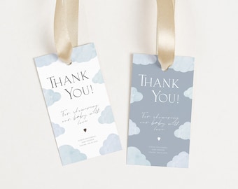 Editable Clouds Baby Shower Gift Tags Printable Favor Label Digital Template Dusty Blue Christening Watercolor Clouds Gender Neutral