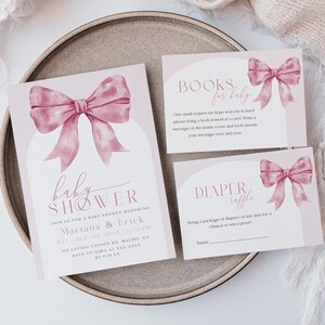 Editable Coquette Baby Shower Invitation with Inserts Books for Baby Card and Diaper Raffle Ticket Printable Pink Bow Coquette Theme Girl
