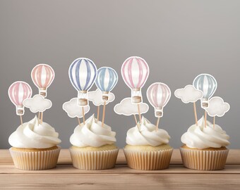 Editable Hot Air Balloons Cupcake Toppers Props for Gender Reveal Baby Shower Birthday Cake Cut Out Pastel Color Decor Printable Template