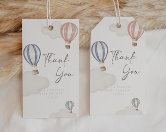 Editable Oh Baby Hot Air Balloons Baby Shower Printable Thank You Gift Tag Instant Download Template Gender Neutral Blue Pink and Teal