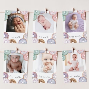 Editable Photo Birthday Banner Donut Theme First Birthday Photo Banner Printable Donut 1st Birthday Monthly Milestone Photo Cards Template