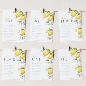 Editable Seating Chart Cards Lemon Bridal Shower Printable Amalfi Table Number Signs with Guest Names Citrus Mediterranean Seating Chart