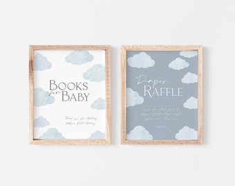 Editable Clouds Baby Shower Table Sign Bundle In the Clouds Books for Baby Table Decoration Diaper Raffle Printable Template Gender Neutral