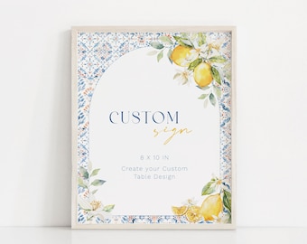 Editable Amalfi Bridal Shower Custom Table Sign Lemon Citrus Bachelorette Printable Sign Coastal Mediterranean Custom Sign Blue Tiles Bridal