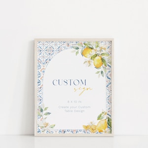 Editable Amalfi Bridal Shower Custom Table Sign Lemon Citrus Bachelorette Printable Sign Coastal Mediterranean Custom Sign Blue Tiles Bridal