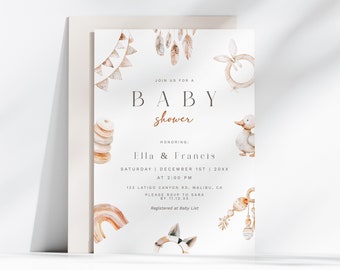 Editable Boho Baby Shower Invitation Printable Minimalistic Modern Baby Shower Invite Boho Wooden Toys Baby Shower Invitation Template