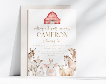 Può includere: Un invito a una festa di compleanno a tema fattoria con un fienile rosso in cima. L'invito dice "calling all party animals Cameron is turning two!" con la data, l'ora e il luogo sotto. L'invito presenta illustrazioni ad acquerello di un asino, una mucca, un maiale, una pecora, un cavallo e un'anatra.