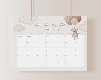 Könnte beinhalten: Ein Babyparty-Kalender mit dem Text "Erraten Sie das Fälligkeitsdatum von Baby Olivia". Der Kalender zeigt einen Teddybären, der Luftballons hält, Wolken und eine neutrale Farbpalette. Das Kalendarium beginnt am 30. Juni.