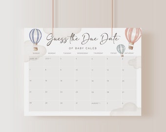 May include: A printable baby shower game with a calendar for guests to guess the due date of baby Caleb. The calendar is decorated with blue and pink hot air balloons and clouds.